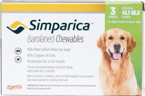 Simparica 80 mg 3 chewable tablets for dogs 44.1-88 lbs (Green) 1