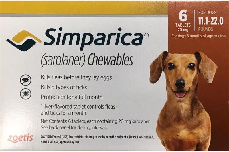 Simparica 6 chewable tablets for dogs 11.1-22 lbs (Orange) 20 mg 1