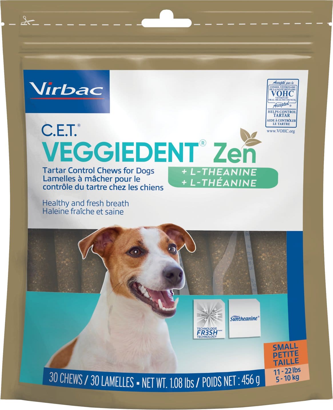 C.E.T. VeggieDent Zen + L-Theanine for small dogs 11-22 lbs 30 chews 1